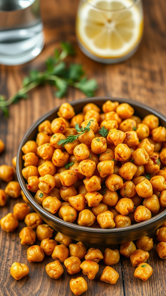 A bowl of spicy roasted chickpeas, golden brown and crispy, with herbs on a rustic table, ready to snack on.